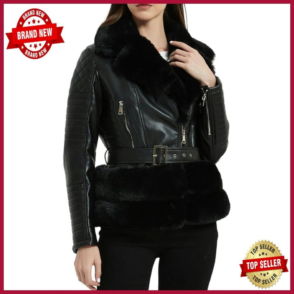 Women's Faux Leather Moto Jacket Sherpa-Lined Removable Fur Collar